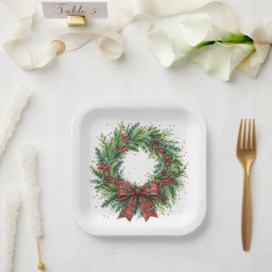Holiday Cheer Holly & Plaid Wreath Christmas Paper Plate