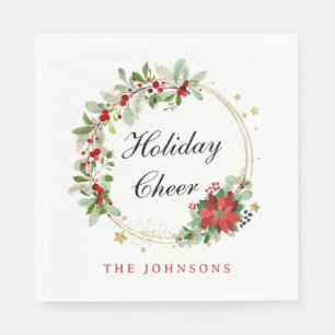 Holiday Cheer Poinsettia Wreath Gold Personalized Napkin