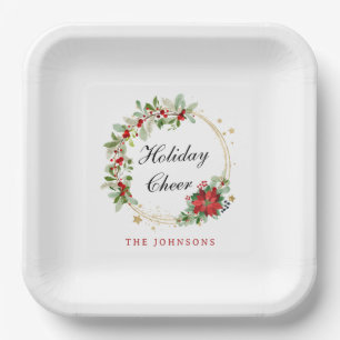 Holiday Cheer Poinsettia Wreath Gold Personalized Paper Plate