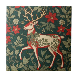 Holiday Cheer Reindeer William Morris Inspired Ceramic Tile