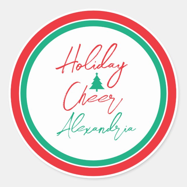 Holiday Cheer Script Christmas Tree Classic Round Sticker (Front)