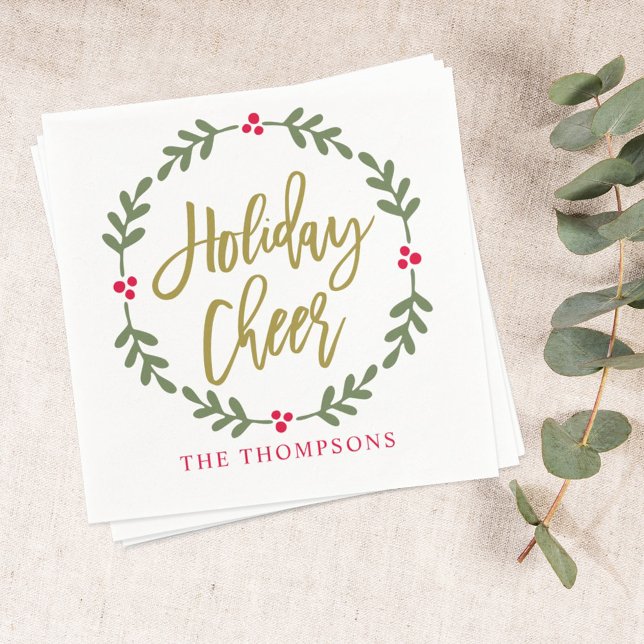 Holiday Cheer Wreath Gold Script Napkin (Creator Uploaded)