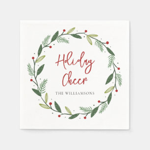 Holiday Cheer Wreath Handwritten Script Paper Napkin