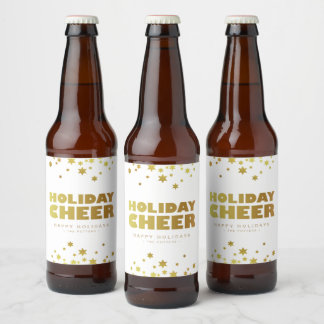 Holiday Cheers | Fun Christmas White & Gold Beer Bottle Label