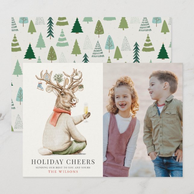 Holiday Cheers Funny Reindeer Photo Christmas Card (Front/Back)