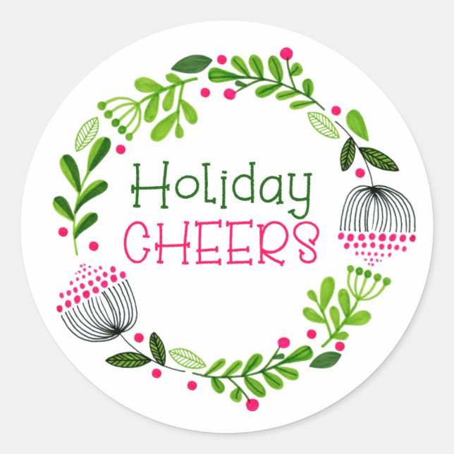 Holiday Cheers Wreath Green Foliage Pink Classic Round Sticker (Front)