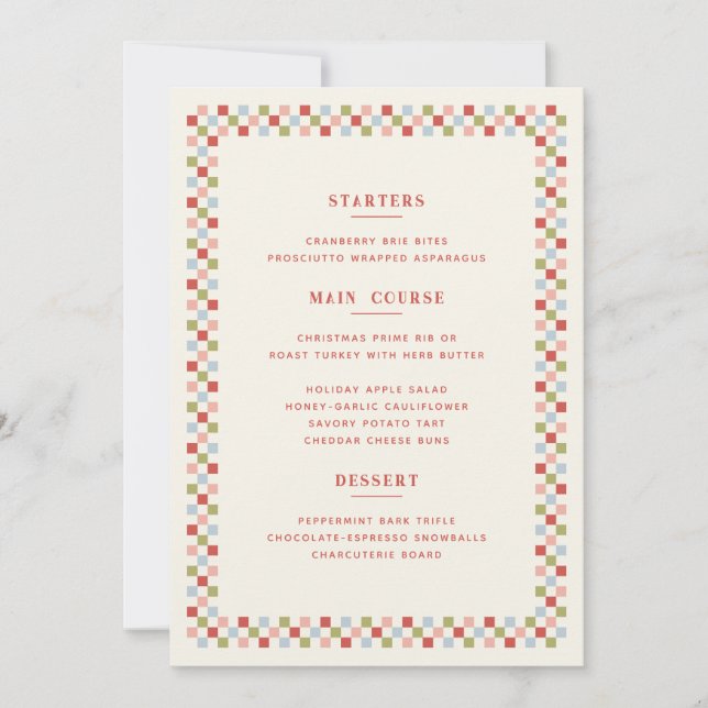 Holiday Chequerboard Christmas Menu Card - Red (Front)
