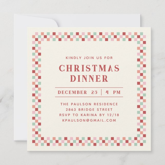Holiday Chequerboard Party Invitation - Berry (Front)