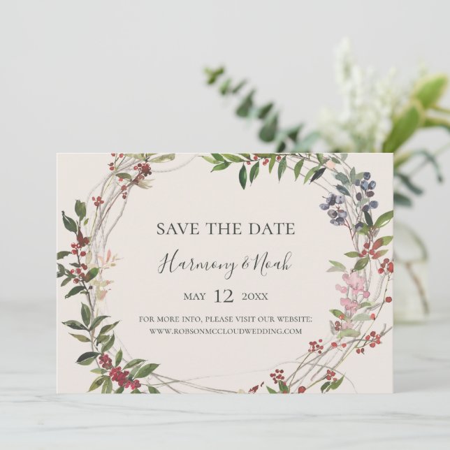 Holiday Chic Botanical | Champagne Horizontal Save The Date (Standing Front)