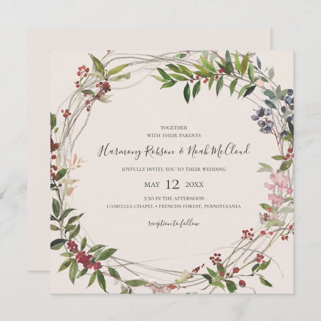Holiday Chic Botanical | Champagne Square Wedding Invitation (Front/Back)
