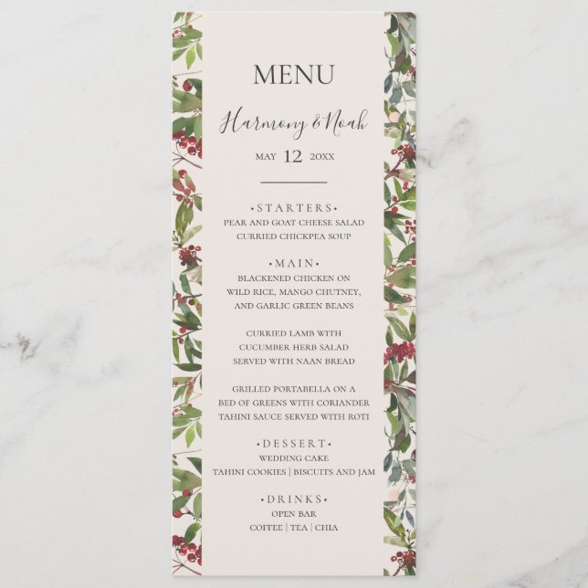 Holiday Chic Botanical | Champagne Wedding Dinner  Menu (Front)