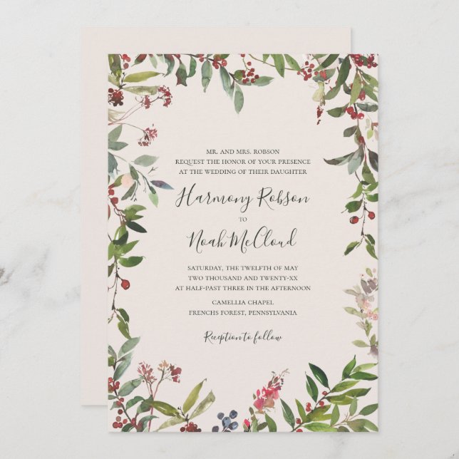 Holiday Chic Botanical | Champagne Wedding Invitat Invitation (Front/Back)