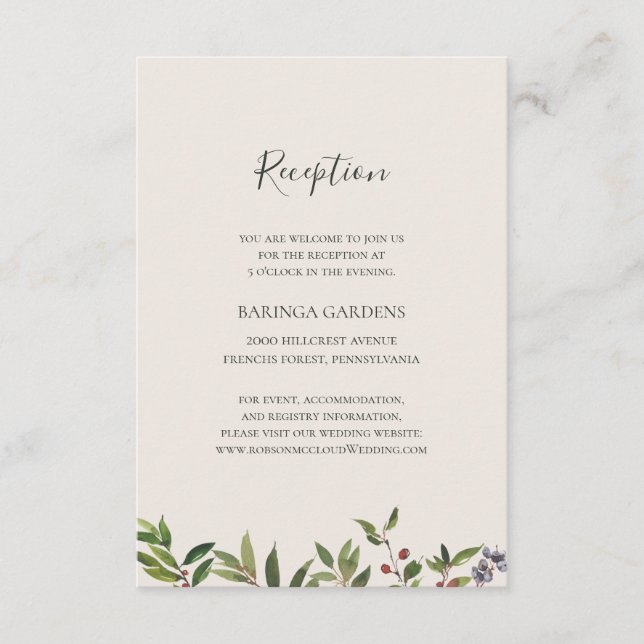 Holiday Chic Botanical Champagne Wedding Reception Enclosure Card (Front)