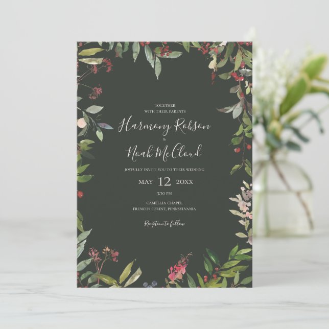 Holiday Chic Botanical | Dark Green All In One Inv Invitation (Standing Front)