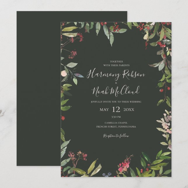 Holiday Chic Botanical | Dark Green Casual Wedding Invitation (Front/Back)