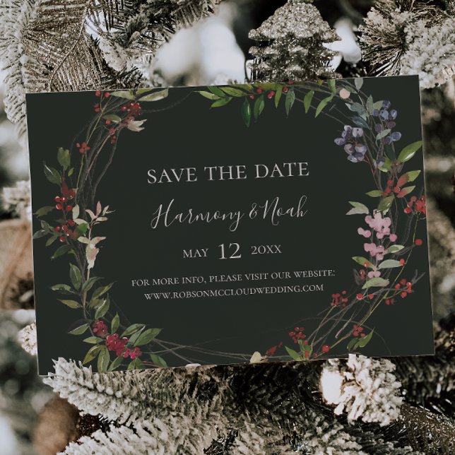 Holiday Chic Botanical | Dark Green Horizontal Save The Date (Creator Uploaded)
