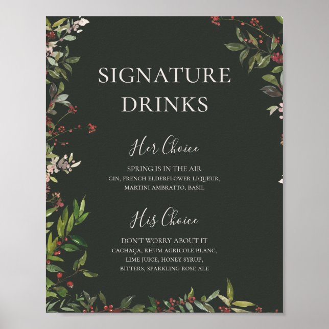 Holiday Chic Botanical Dark Green Signature Drinks Poster (Front)