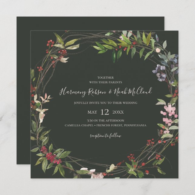 Holiday Chic Botanical | Dark Green Square Wedding Invitation (Front/Back)