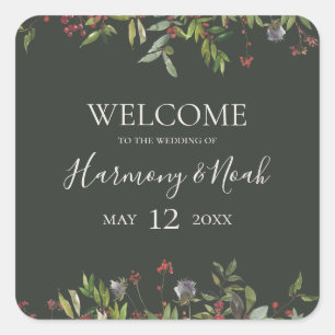 Holiday Chic Botanical Dark Green Wedding Welcome Square Sticker