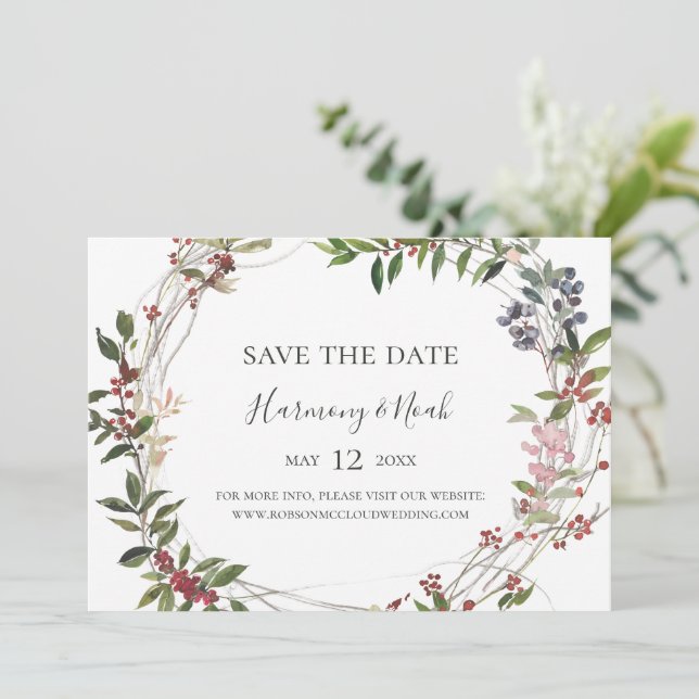 Holiday Chic Botanical | White Horizontal Save The Date (Standing Front)