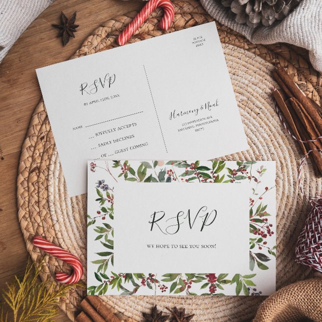 Holiday Chic Botanical | White Wedding RSVP Postcard (Creator Uploaded)