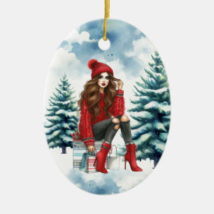 Holiday Chic Brunette Red Fashion Personalised Ceramic Ornament
