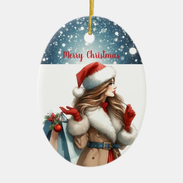 Holiday Chic Brunette Red Fashion Personalised Ceramic Ornament (Front)