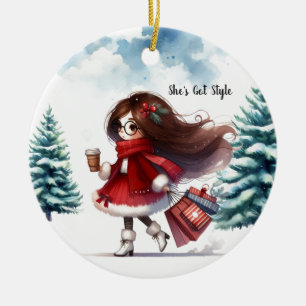 Holiday Chic Styled Brunette Fashion Personalised  Ceramic Ornament