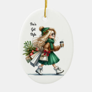 Holiday Chic Stylish Blonde Fashion Personalised  Ceramic Ornament
