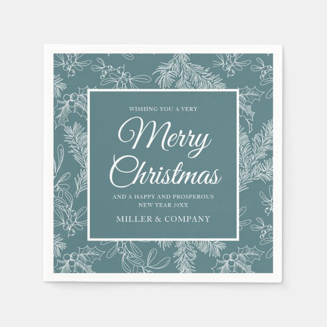 Holiday Chic Teal Floral Corporate Christmas Party Napkin (Front)