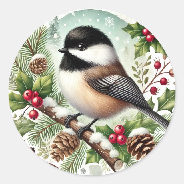 Holiday Chickadee Classic Round Sticker (Front)