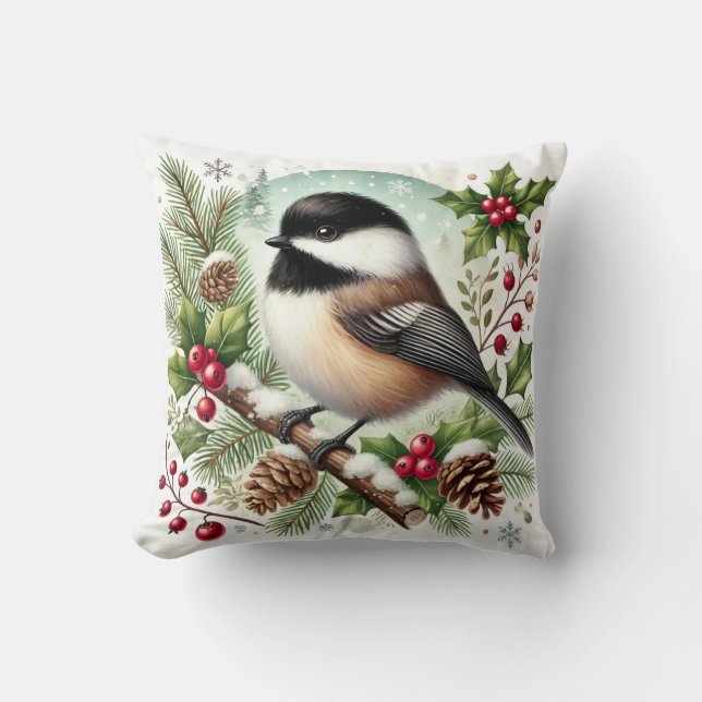 Holiday Chickadee Cushion (Front)