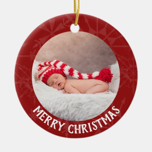 Holiday Christmas 2 Photo Year Red Snowflake Ceramic Ornament (Front)