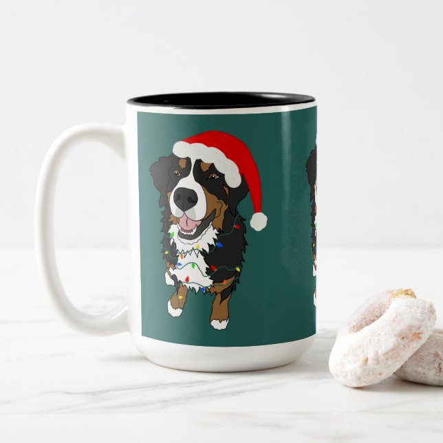 Holiday Christmas Bernese Mountain Dog Two-Tone Coffee Mug (With Donut)