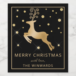Holiday Christmas Black and Gold Foil Reindeer Wine Label