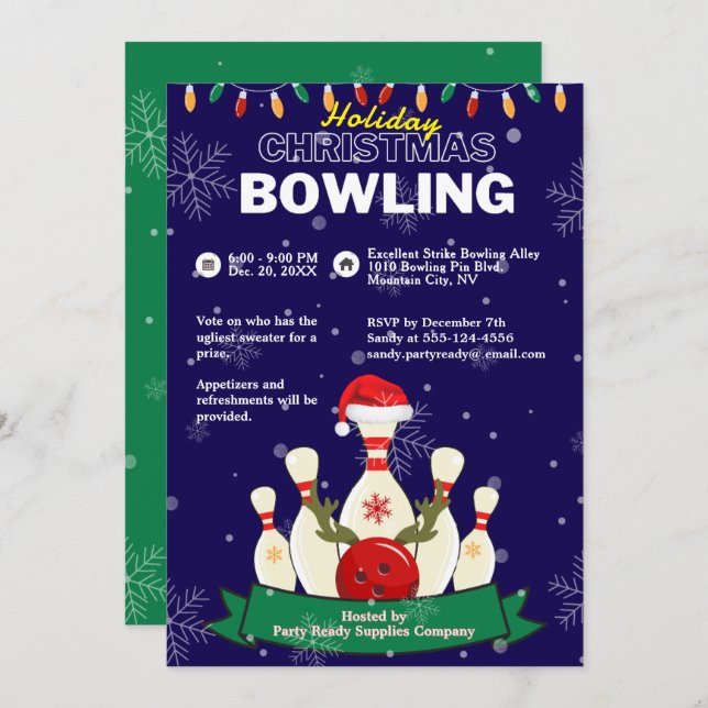 Holiday Christmas Bowling Blue & Green Snow Party Invitation (Front/Back)