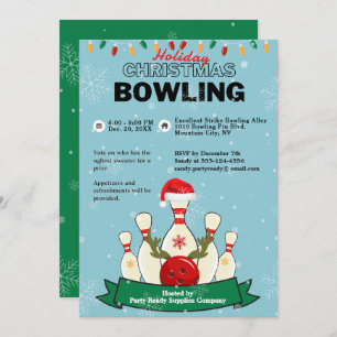 Holiday Christmas Bowling LT Blue Green Snow Party Invitation