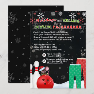 Holiday Christmas Bowling Pajama Pizza Party Black Invitation