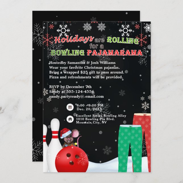 Holiday Christmas Bowling Pajama Pizza Party Black Invitation (Front/Back)