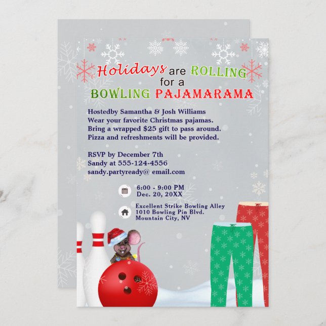 Holiday Christmas Bowling Pajama Pizza Party Grey Invitation (Front/Back)