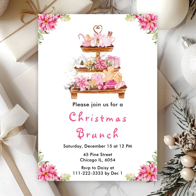 Holiday Christmas Brunch Party Pink Invitation (Creator Uploaded)
