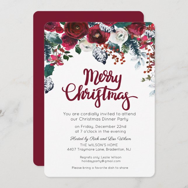 Holiday Christmas Burgundy Floral Party Invitation (Front/Back)