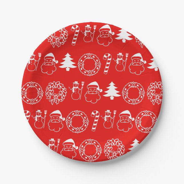 Holiday Christmas Candy Canes Tree Snowman Red Paper Plate (Front)