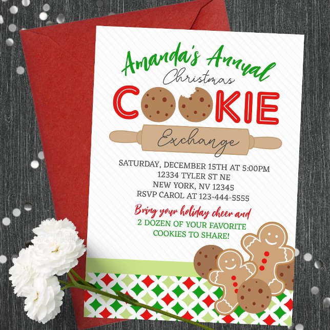 Holiday Christmas Cookie Exchange Party Invitation (Bright & Merry Holiday Christmas Cookie Exchange Party Invites. Featuring sweet gingerbread cookies)