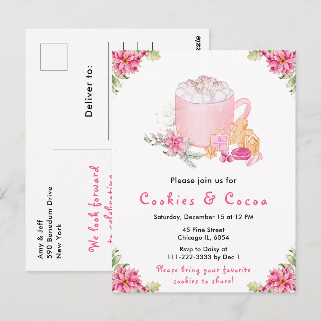 Holiday Christmas Cookies and Cocoa Pink Postcard (Front/Back)