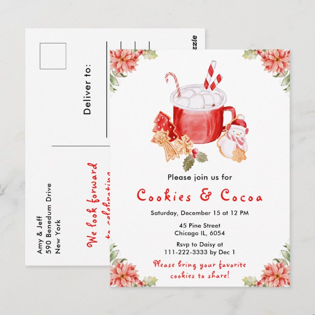 Holiday Christmas Cookies and Cocoa Red Postcard (Front/Back)