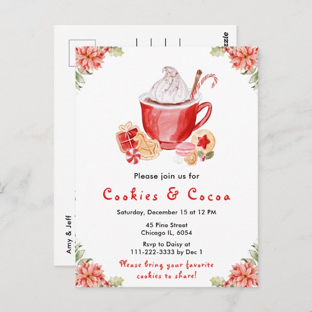 Holiday Christmas Cookies and Cocoa Red Postcard (Front/Back)