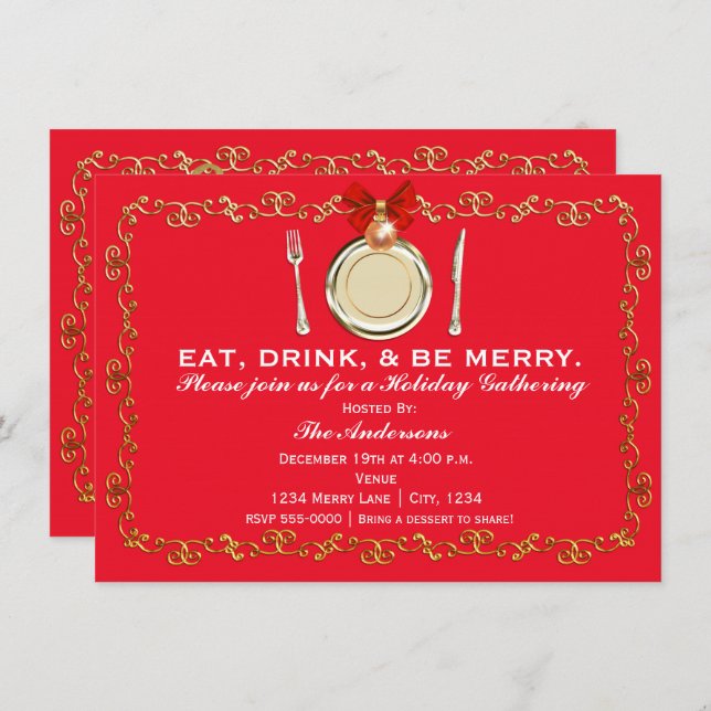 Holiday Christmas Dinner Party Eat Drink Be Merry Invitation (Front/Back)