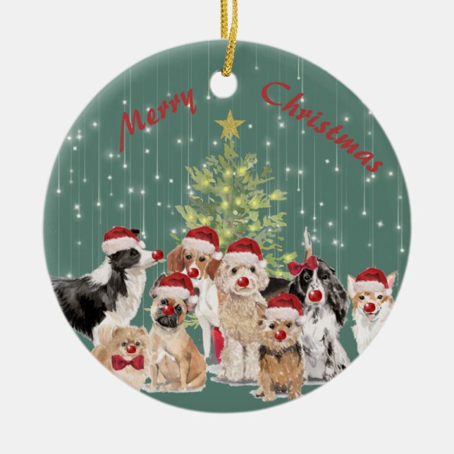 Holiday Christmas Dog Lovers Green Merry Santa Hat Ceramic Ornament (Front)
