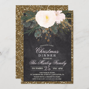 Holiday Christmas Floral Glitter Invitation